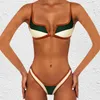 Vintage Retro Bikini Patchwork Swimsuit Thong Brazilian Sexy Swimwear Female Summer Micro V-bar Green Bathing Suits 210630