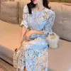 Blue Lace Dress Woman Summer Puff Sleeve Hollow Out Vestido Runway Design Mid-calf Dresses Female Short Party 210603