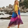 Bikini-Vertuschungen Boho V-Ausschnitt Sommer Strandkleid Tunika Frauen Plus Size Sexy Wear Badeanzug Cover Up Q1181 210420