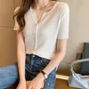Verão de malha em v-pescoço em v cardigan kitwear mulheres manga curta única breasted tops camisola sólida coreana moda jumpers femme 210513
