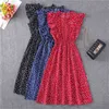 Czerwone Szyfonowe Dresses Kobiety Elegancki Motyl Rękaw Dot Drukuj Ruffles Lato Moda O Neck Elastyczny Talia Linia 210522