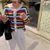 Nomikuma Rainbow Striped Cardigan Женщины Одноборосообразные С Длинным Рукавом Случайные Моды Свитера Корейский Стиль вязаные Топы 3C098 210514