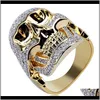 Solitario para hombre 18K chapado en amarillo Custom Skull Gold Cz Bling Ring Diamantes simulados completos Micro Pave Set Stones Hip Hop Anillos Ysorx252w