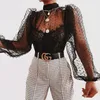Frauen Sexy Transparente Punkte Emboridery Bluse Puff Langarm Mesh Shirt Top Weibliche Chic Durchsichtig Blusen 210508