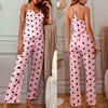 Women Sleepwear Underwear Set Women V-neck Eyelash Lace Sexy Stain Camisole Pajamas Heart Print Pants Set Pijama Femme Satin Q0706