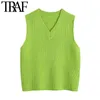 Women Fashion With Ribbed Trims Knitted Vest Sweater Vintage V Neck Sleeveless Female Waistcoat Chic Tops 210507