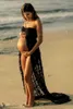 민소매 드레스 여자 레이스 임신 한 트레일 끈이없는 긴 드레스 사진
