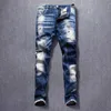 Italiaanse stijl mode mannen jeans retro blauw slim fit geschilderde designer ripped denim broek streetwear hiphop fietser broek Hombre