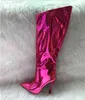 Металлические кожаные женщины колено высокие сапоги штриховые каблуки указанные настойчивые мода женские туфли ночной клуб светоотражающий Mujer 211105