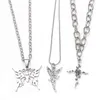 2021 3 lagen hiphop cool zilver kleur kruis choker kettingen voor vrouwen eenvoudige vlinder engel lange hanger ketting sieraden G220310