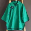 Johnature Vrouwen Groene Shirts Chinese Stijl Blouses Button Ramie Zomer Hoge Kwaliteit Vintage Women Shirts en Tops 210521