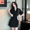 Elegant Jumpsuit Women High Street Overaller Black Buttons Shorts Office Ladies Vintage Casual Work Wear Suits OL 210506