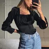 Yaz Kadın Saten Tops Uzun Kollu Seksi Lace Up Siyah Ipek Bluz Gömlek 210415