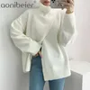 Winter Loose Turtle Neck Long-sleeved Women Thickened Solid Color Minimalist Split Pullover Knitted Sweater Clothing 210604