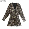 Zevity Women Vintage V Neck Flower Pirnt Bowknot PantsKirt Style Dress Kvinna Långärmad Slim Vestido Chic Lady Clothing DS4905 210603