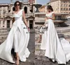 Off Shoulder Outdoor Wedding Dress Jumpsuit with Train 2022 Matte Stain Modern Outfit Beach Country Bridal Pant Suit Robes288S