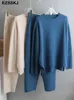 2 stycken Set Kvinnor Stickad TRACKSUIT O-Neck Sweater + Granny Byxor Kvinnlig Sweaterdräkt Homewear 211116