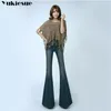 Vrouwige spijkerbroek met hoge taille voor vrouwen elegante retro -stijl bell bodem magere denim broek vrouwelijke sexy wide been jeans 210412