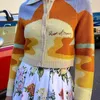 Automne hiver vintage peinture à l'huile courte cardigans tricotés colorblock revers slim pulls recadrés couche de finition pour femme 210508