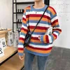 Women Color Matching Sweater Knitted O-neck Pullovers Long Sleeve Rainbow Striped Loose Winter M0121 210514