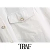 TRAF Women Fashion With Pearl Buttons Loose Blouses Vintage Long Sleeve Pockets Female Shirts Blusas Chic Tops 210415