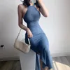 Yaz Giysileri Seksi Bodycon Elbise Kulübü Kıyafetler Kadınlar Doğum Günü Zarifleri Gelinlik Modelleri Uzun Elbiseler Backless Mavi Elbise 210309