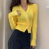 Gelbe dünne feste schicke All-Match-dünne Art und Weise kurze Sonnencreme-beiläufige Femme-Qualitäts-Pullover 210525