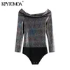 Women Sexy Fashion Snap-button Shiny Sequin Bodysuits Slash Neck Long Sleeve Female Playsuits Mujer 210420