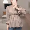 Plus Size Slim manica lunga donna camicetta autunno coreano scollo a V Draw Back camicia cotone lino vintage Blusas 10101 210512