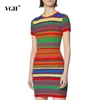 Casual Hit Color Striped Dress For Women O Neck Short Sleeve High Waist Slim Mini Dresses Female Summer Fashion Stylish 210531