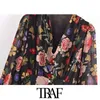 TRAF Women Chic Fashion Floral Print Chiffon Midi Dress Vintage Long Sleeve With Lining Female Dresses Vestidos Mujer 210415