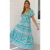 Maxi abito estivo stampato sexy scollo a V manica corta vintage Vestido Beach Boho abiti casual abiti lunghi da donna 2021