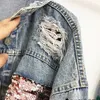 Hål jean jacka kvinnor våren kort sequin denim splice höst kvinnliga vårjackor för kvinnor navel 210531