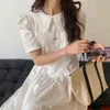[EWQ]Corea Cuciture Chic Due Fibbie Manica Corta Allentato Vestito da Donna Colletto Del Peter Pan Estate Nuovo Abbigliamento Alla Moda Vestido 210423