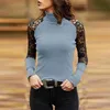 Women's T-shirts Fashion Sexy Lace Floral Splicing O-Neck T-Shirt Tops Spring Autumn Casual Ladies Black Long Sleeve T Shirt 210522