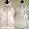 Renässans Royal Wedding Dress Flare Långärmad Häxa Keltisk Tudor Victorian Gothic Holloween Lace-up Corset Bridal Gown Vintage Medeltida Plus Storlek Brudklänningar