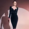 Hiver Femmes Noir V Cou À Manches Longues Midi Velours Robe Sexy Drapé Club Celebrity Soirée Robes De Soirée 210423