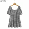 Kvinnor Vintage Puff Sleeve Plaid Print Loose Mini Dress Kvinnor Chic Square Collar Breasted Pleats Vestidos DS8313 210420