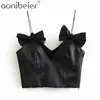 ブラックサテンキャミゾル夏のファッションノースリーブ弓装飾スパゲッティストラップサイドジッパー女性スリムキャミクロップトップ210604