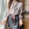 Chain print ribbon long-sleeved shirt women retro light luxury beautiful satin texture casual tops fashion women's clothing 210520