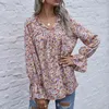 Summer womens tops and blouse print shirts spring floral long sleeve lace blouse top womens Bohemian Ruffles V-Neck shirts 210514