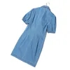 Casual Denim Kadınlar Elbise Yaka Yaka Kısa Kollu Yüksek Bel Dantel Up Mini Elbiseler Kadın Moda Giyim için 210520