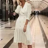 Automne Hiver Femmes Blazer À Manches Longues Au Genou Longueur Office Lady Blanc Robe Plissée 210415