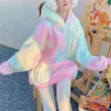 Winter Rainbow Kawaii Fur Hoodies Women Warm Sweet Oversized Hoodie Female Harajuku High Street Korean Sweatshirt Women 210813