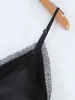 Summer France Spliced Lace V neck Black Satin Camis Women Retro Girl Sexy Back Tie bow Belt Slim Crop Top Short Tees 210429