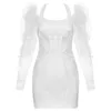 DEAT Women White Patchwork Gauze High Waist Dress New Square Collar Princess Sleeves Slim Fit Fashion Tide Summer 7E0395 210428