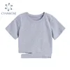 Taille haute Split Crop Tees Tops Femmes Crewneck À Manches Courtes D'été Streetwear Basic T Shirt GrayBlack Coréen E-Girl Tops 210417