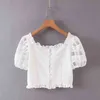Vit Sheer Sleeve Blusskjorta Elegant Ruffle Crop Top Vintage Solid See Through Summer Feminine 210427