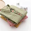 Vår Höst Preppy Style Kvinnor Långärmad Loose Casual T Shirts 100% Bomull Plaid Now Collar Blouse Femme Tops S94 210512