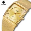 WWOOR Luxury Ultra Thin Square Men Quartz Watches For Men Gold Steel Mesh Waterproof Automatic Date Wristwatch Relogio Masculino 210527